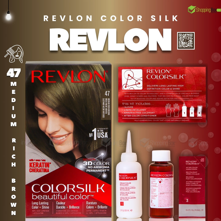 Complete kit of Revlon Colorsilk 47 Medium Rich Brown with developer, colorant, and conditioner available at Shopping Box.