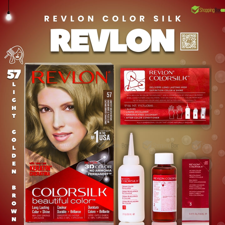 Revlon ColorSilk hair color packaging and products on a brown background