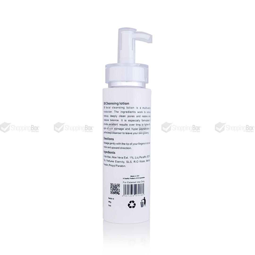 SB Whitening Cleansing Lotion back label – Ingredients & usage directions