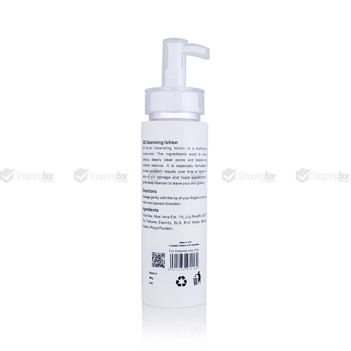 SB Whitening Cleansing Lotion back label – Ingredients & usage directions