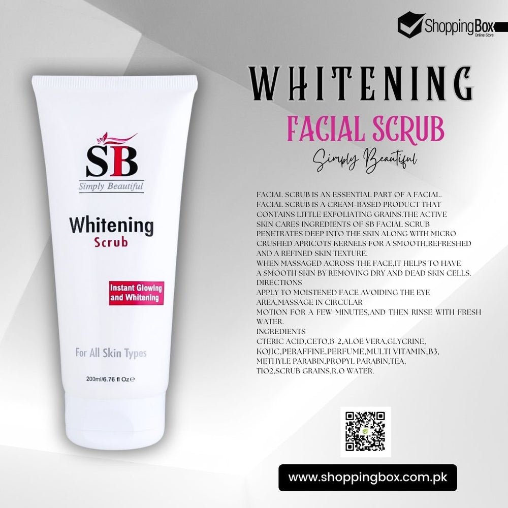 SB Facial Scrub 200ml – Whitening & smoothing skincare product poster at shopping box