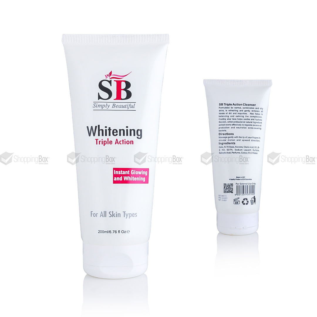 SB Whitening Triple Action Cleanser 200ml front and back view – Shopping Box Pakistan