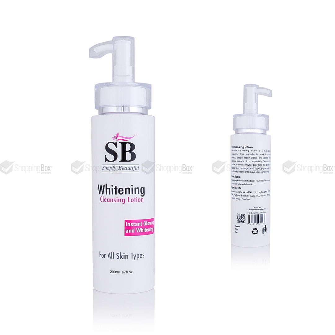 Two bottles of SB Whitening Glycolic Acid & Lactic Acid Cleansing Lotion, pump dispenser, both with labels indicating 'For All Skin Types'