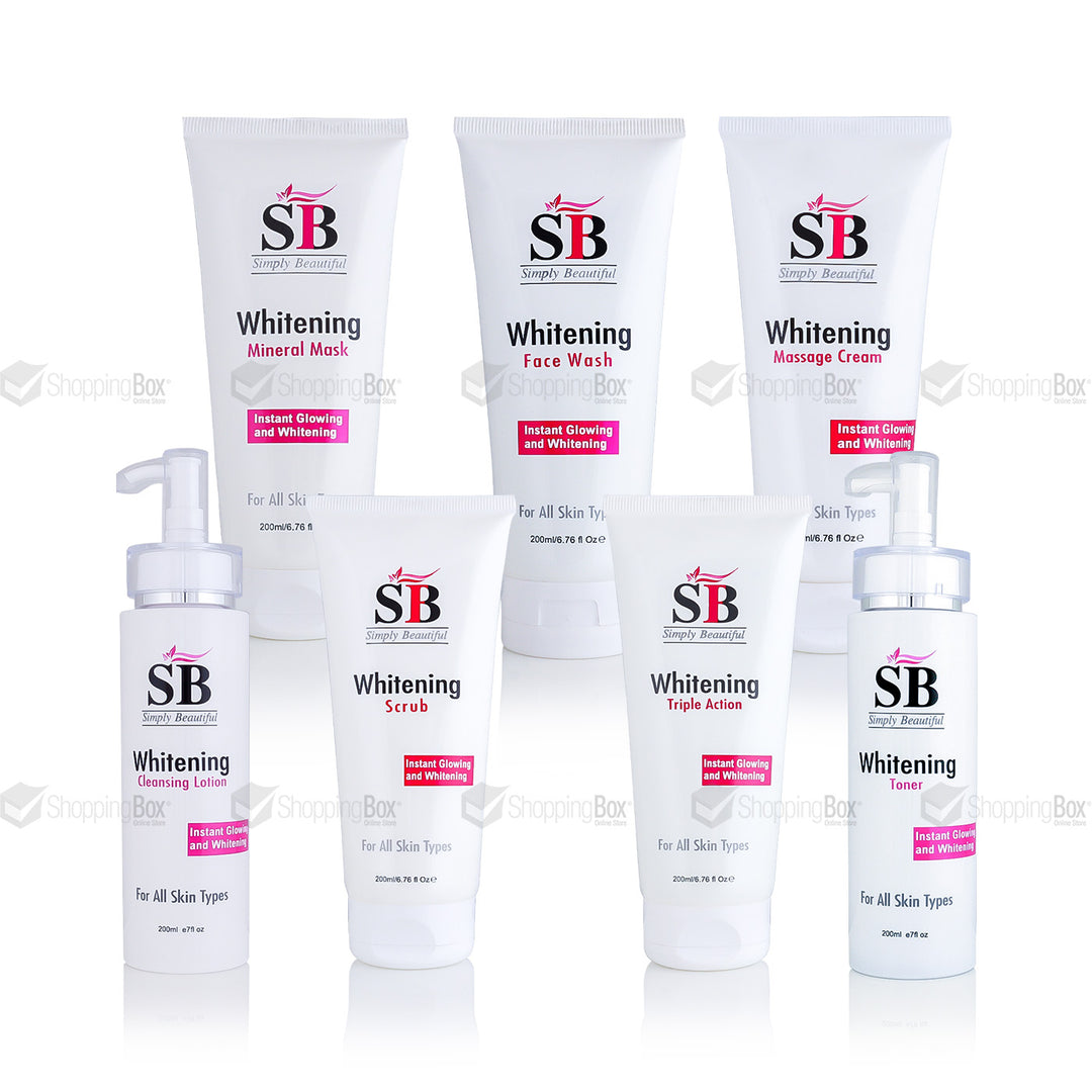 A collection of skincare products from SB Whitening, including facial scrub, massage cream, cleansing lotion, toner, mineral mask, triple action formula, and face wash, all packaged in white bottles with pink labeling.