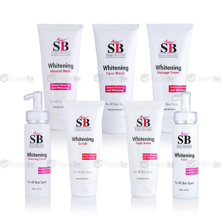 A collection of skincare products from SB Whitening, including facial scrub, massage cream, cleansing lotion, toner, mineral mask, triple action formula, and face wash, all packaged in white bottles with pink labeling.