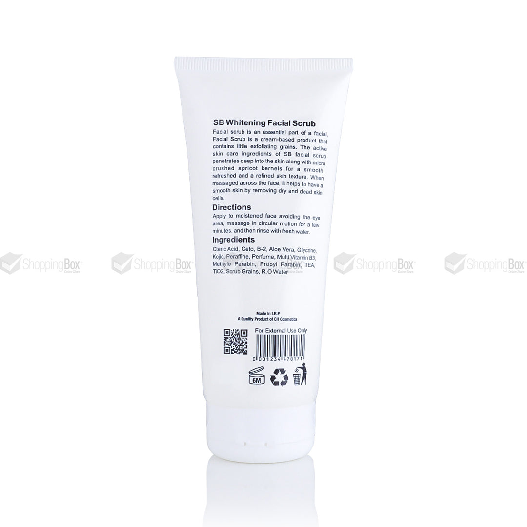 SB Whitening Scrub back label – Ingredients & usage directions