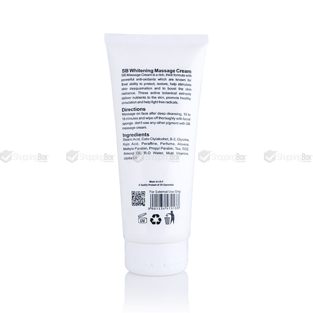 SB Whitening Massage Cream back label – Ingredients & usage directions