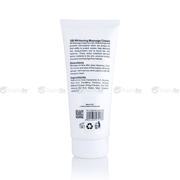 SB Whitening Massage Cream back label – Ingredients & usage directions