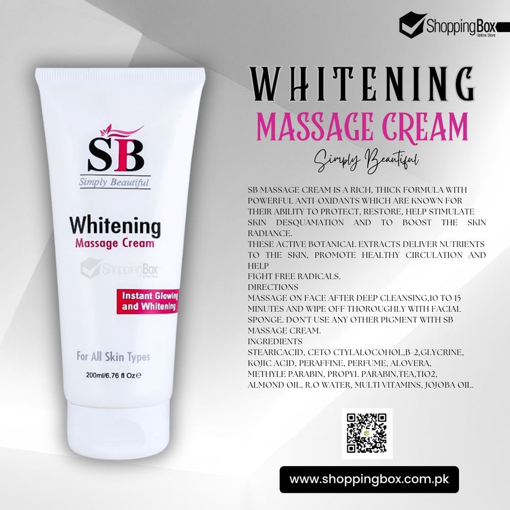 SB Whitening Massage Cream – Facial massage cream for glowing skin poster at shopping box