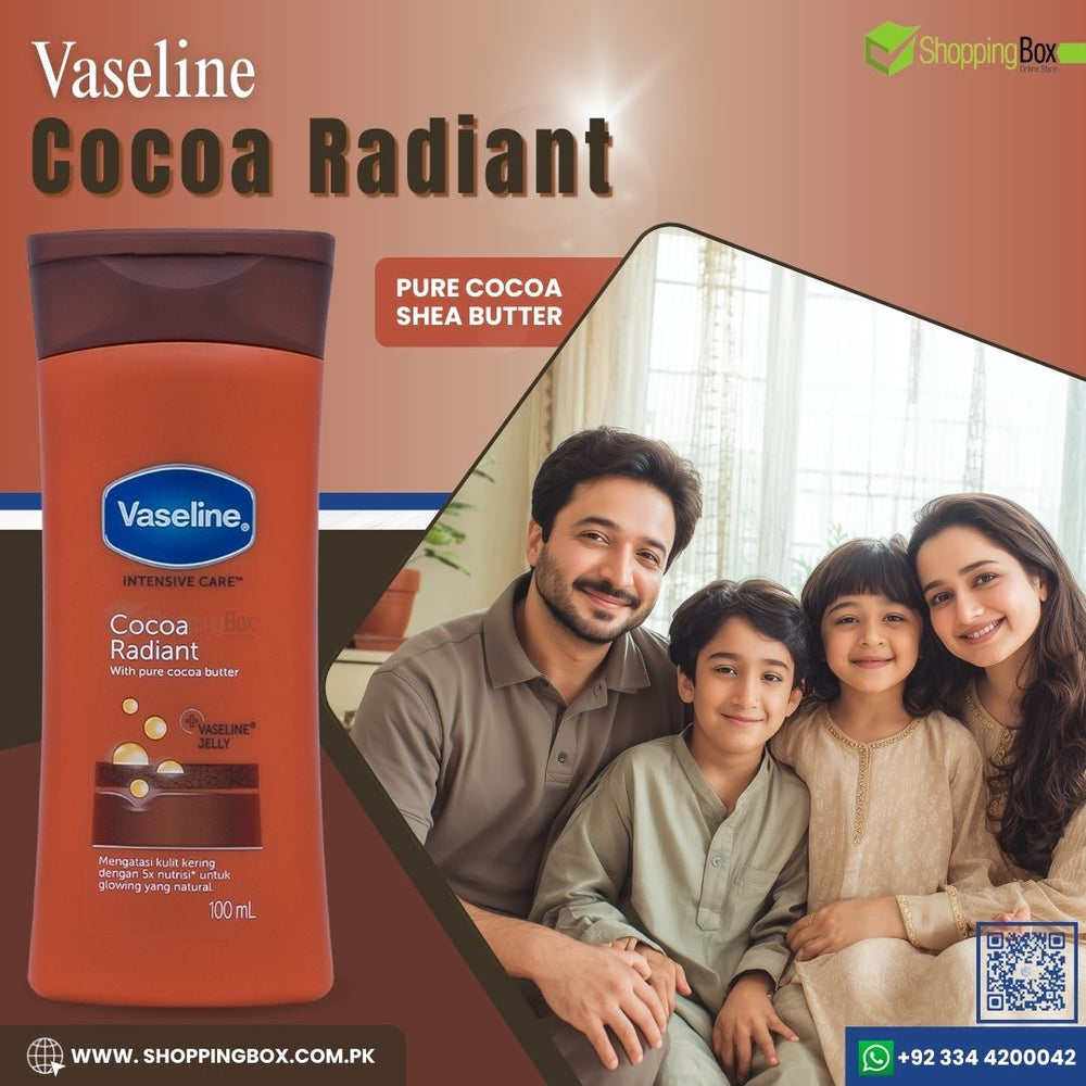 Vaseline Cocoa Radiant bottle with a family photo on a brown background