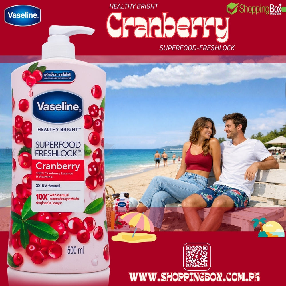 Vaseline Cranberry body lotion with a beach scene and couple in the background advertising for Shopping Box, Trusted Online Store In Pakistan