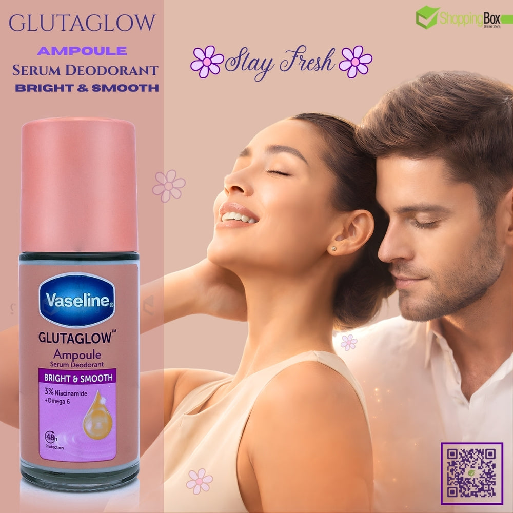 Vaseline Glutaglow Ampoule Serum Deodorant with a couple embracing on a beige background advertising for Shopping Box.