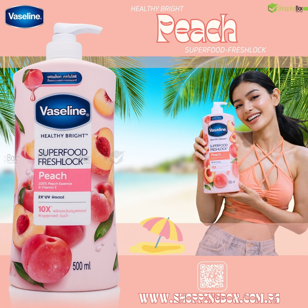 Vaseline Healthy Bright Superfood Freshlock Peach lotion with a woman holding the product on a beach background for Shopping Box Media Poster.