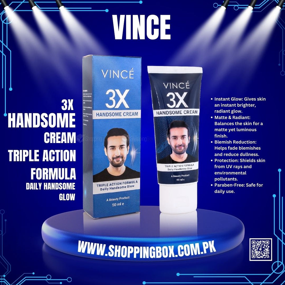 Promotional banner showing Vince 3X Handsome Cream with male model and product highlights.
