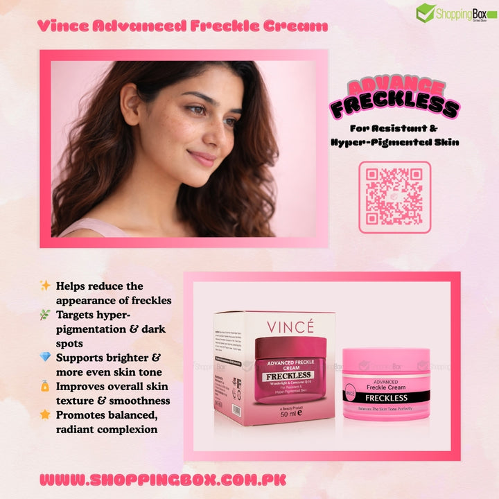 Vince Advanced Freckle Cream Freckless product and box display with Model pictures for Shopping Box Media Poster.
