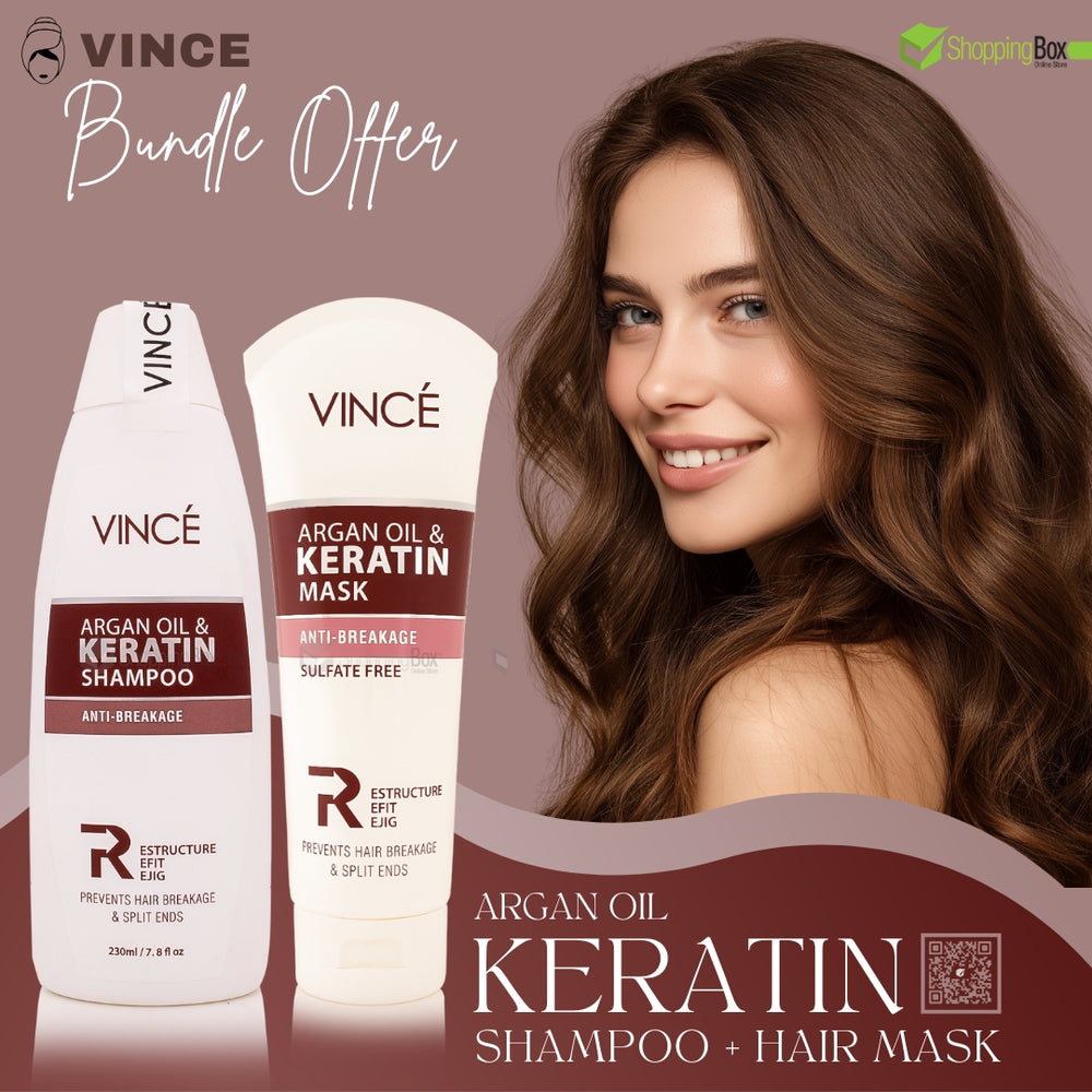 Promotional bundle image of Vince Argan Oil & Keratin Shampoo + Mask with female model and product display.