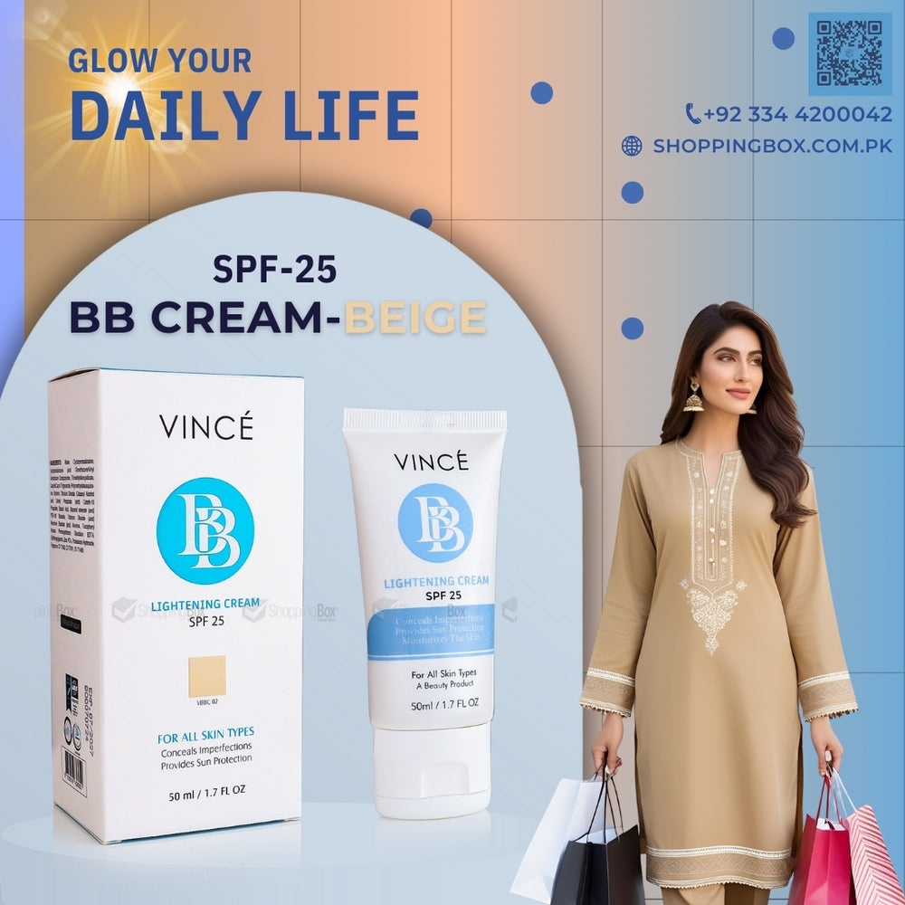 Vince BB Lightening Cream SPF 25 Poster with beautiful Pakistani model in out door shopping | Shopping Box