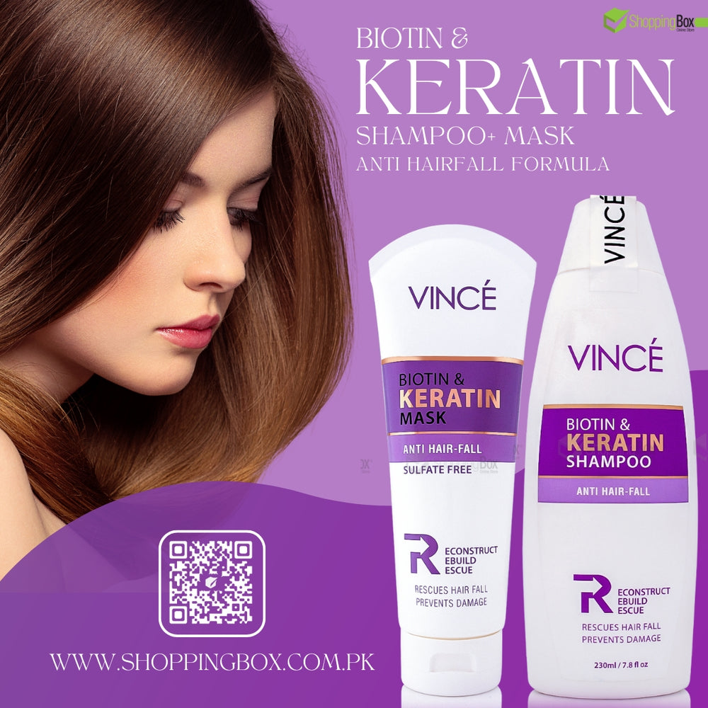 Vince Biotin & Keratin Shampoo 230ml + Mask 200ml bundle for anti-hair fall care