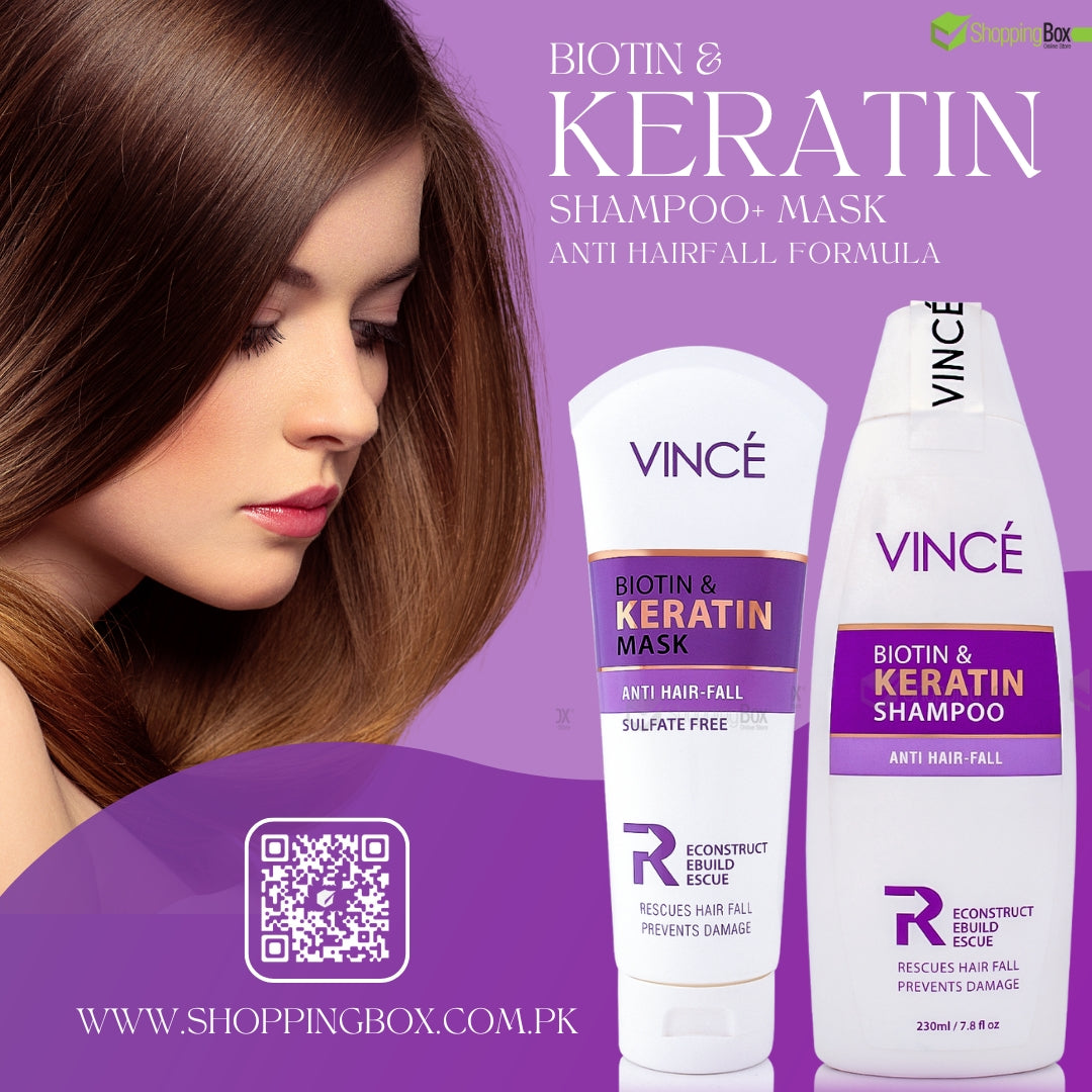 Vince Biotin & Keratin Shampoo 230ml + Mask 200ml bundle for anti-hair fall care