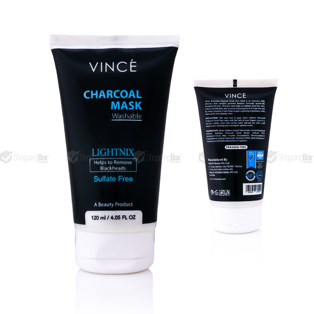 Two tubes of VINCE Charcoal Mask Washable, one standing upright and the other lying down, with the brand and product information displayed on the labels.
