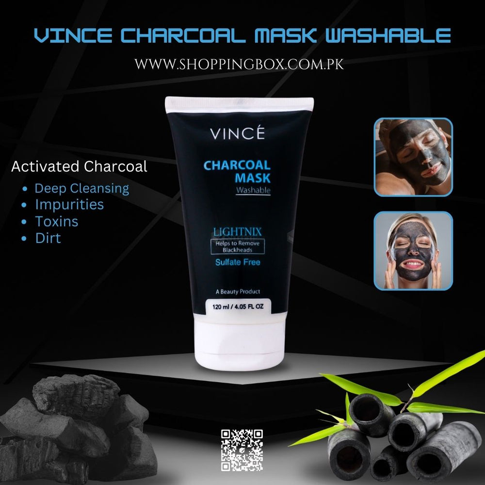 Vince Charcoal Mask Washable 120ml lifestyle photo with bamboo charcoal