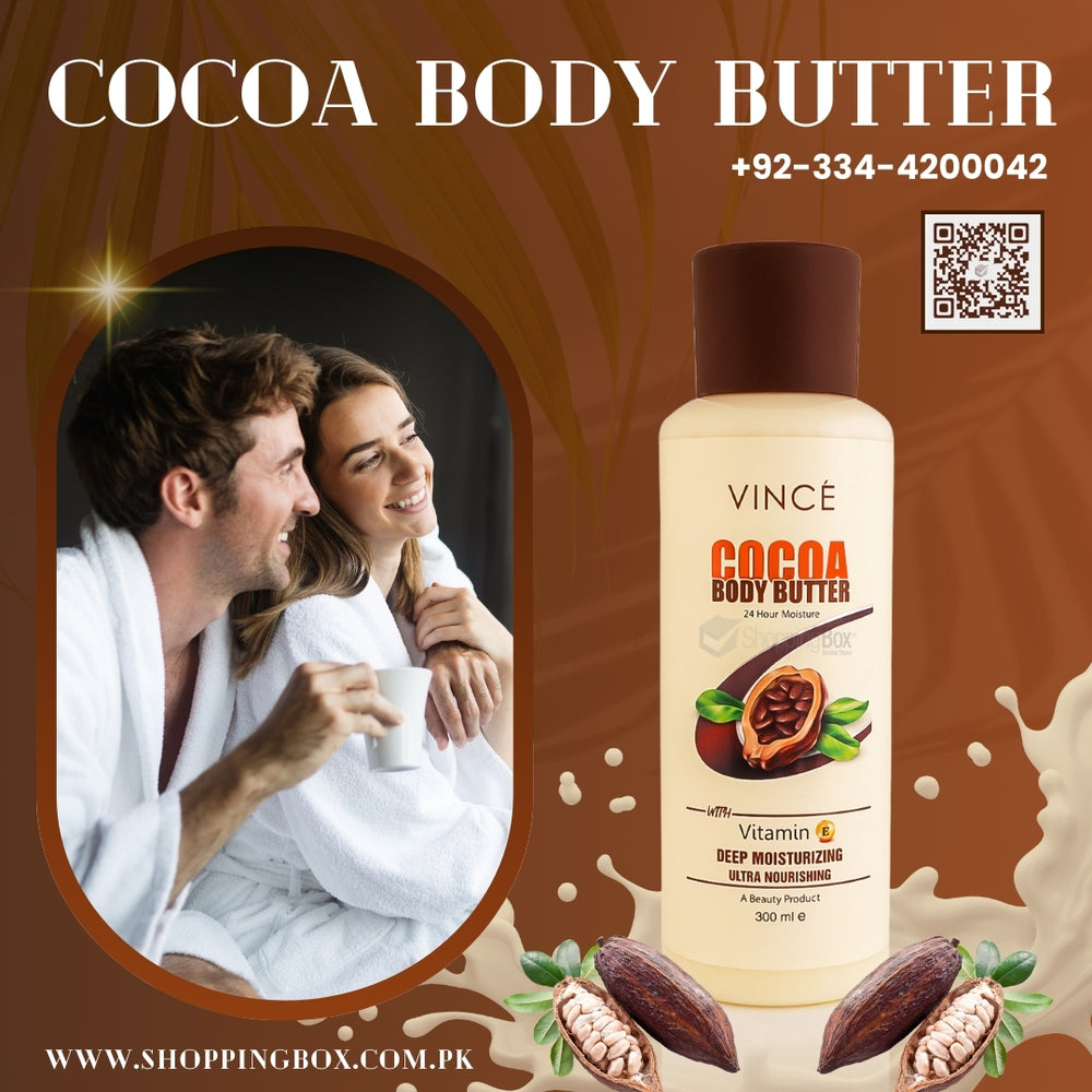 Vince Cocoa Body Butter bottle displayed with models, Advertising for Shopping Box.