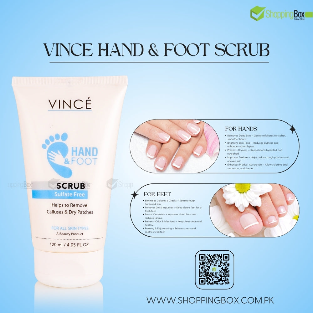 Vince Hand & Foot Scrub 120ml lifestyle image for smooth hands & feet