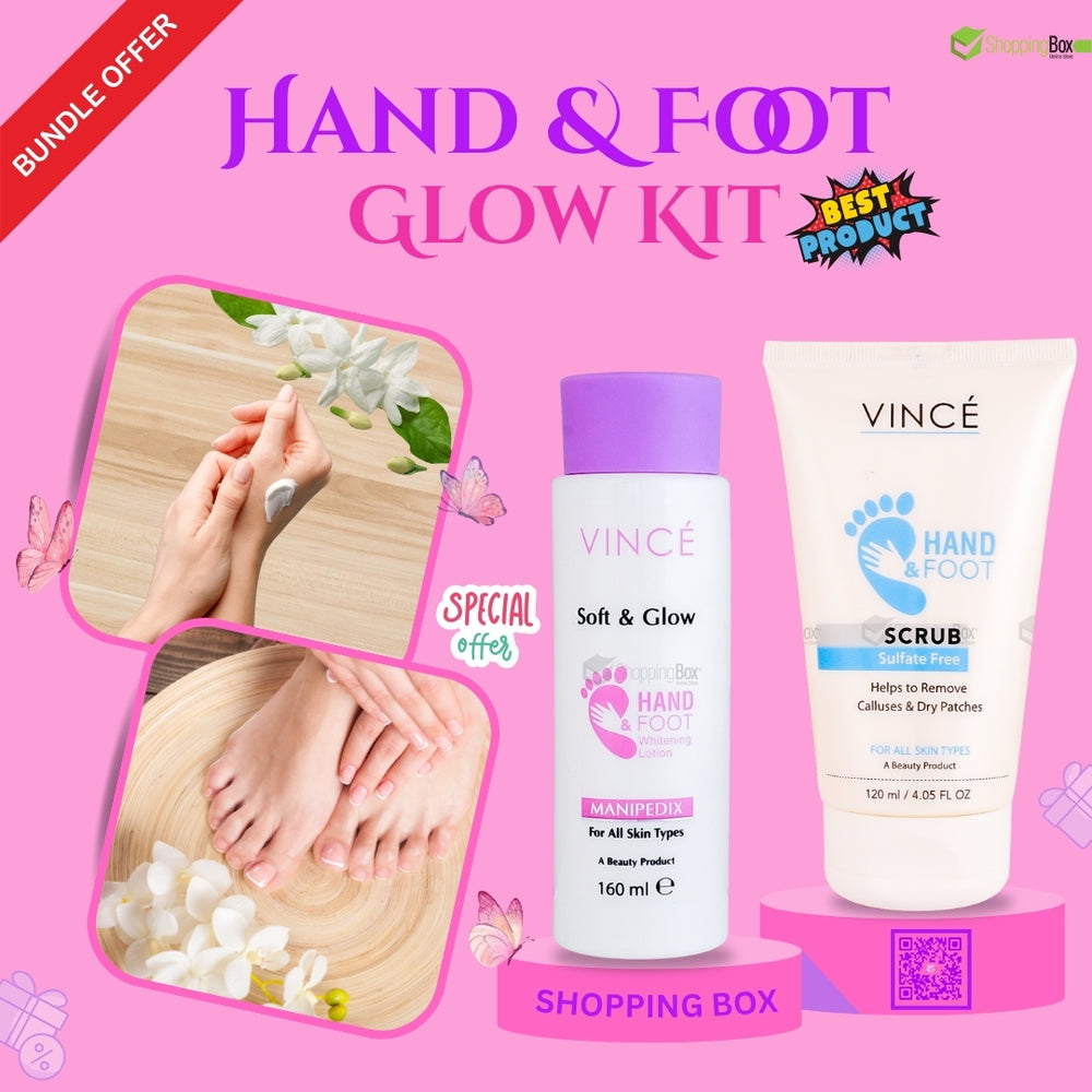Hand and foot glow kit with Vinci products on a pink background for meta posts