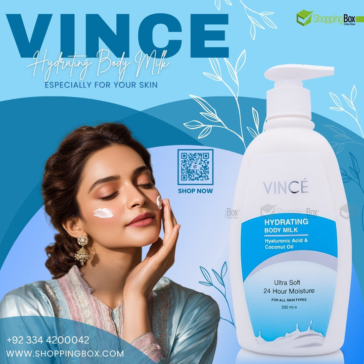 Promotional image of Vince Hydrating Body Milk with model and blue theme