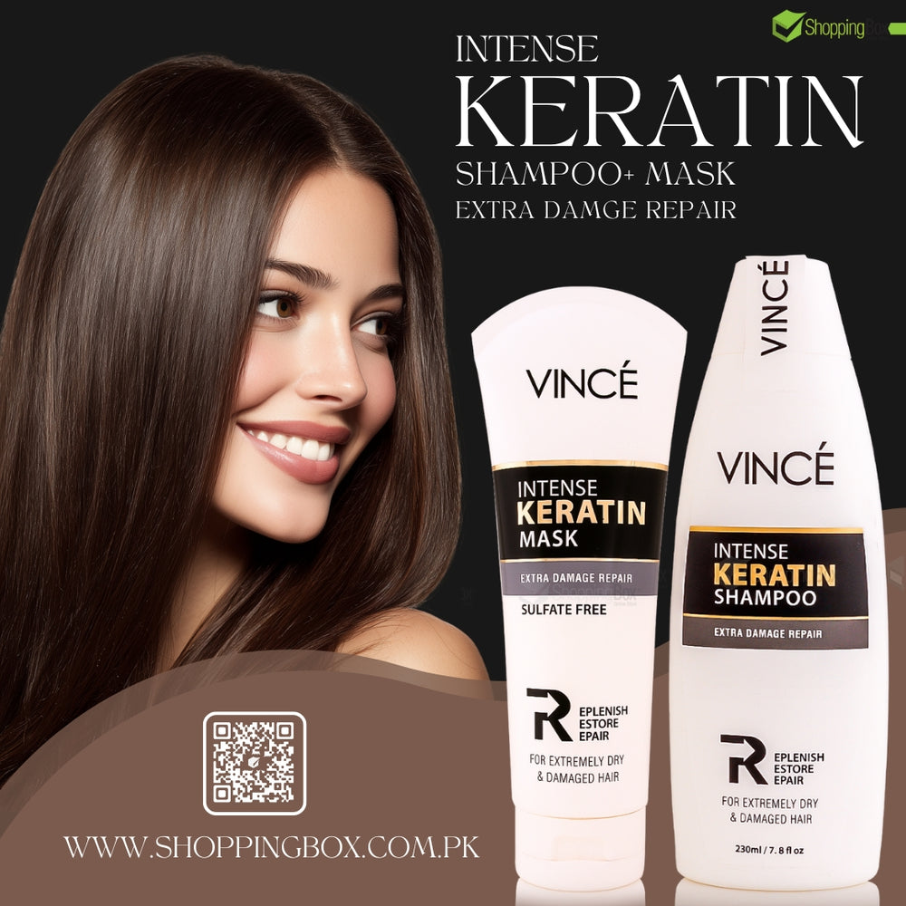 Vince Intense Keratin Shampoo and Mask with a woman displaying healthy hair, on a dark background.