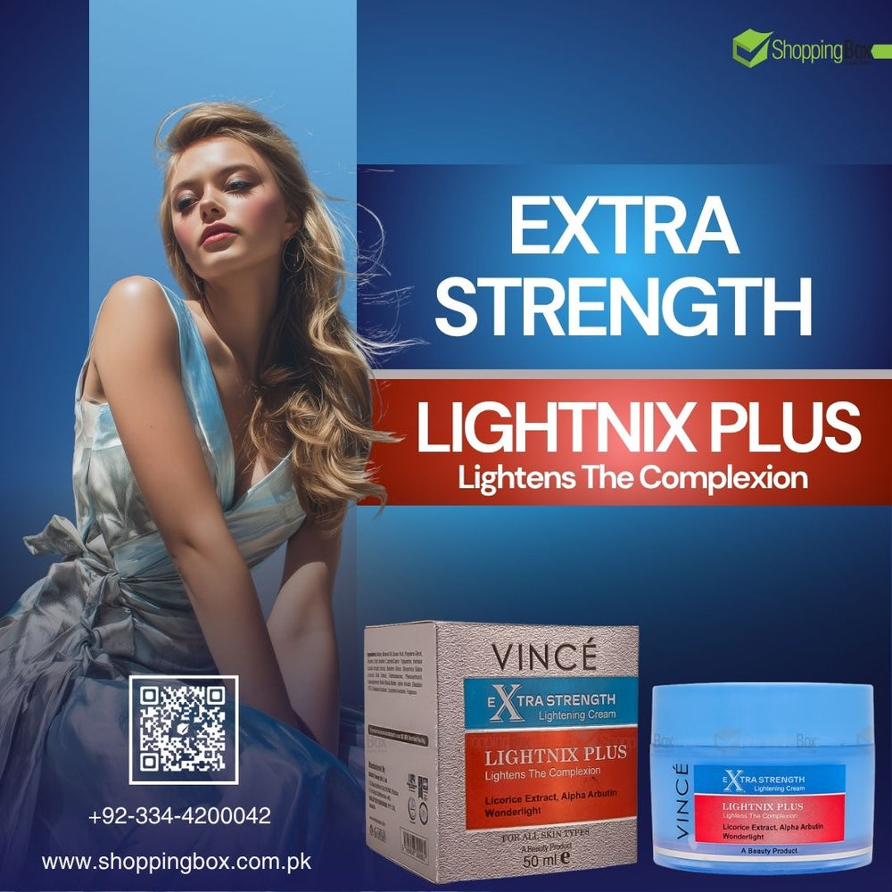 Model holding Vincé Lightnix Plus Extra Strength Lightening Cream – brightening cream for fair and glowing skin, photographed for Shopping Box Pakistan