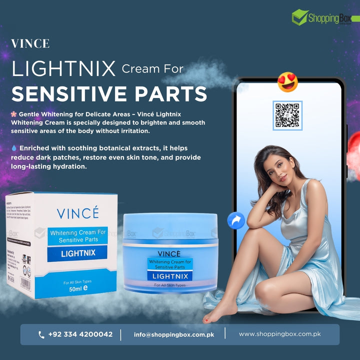Advertisement for Vince Lightnix cream at shopping box for sensitive parts with product packaging and a woman in a blue dress. 