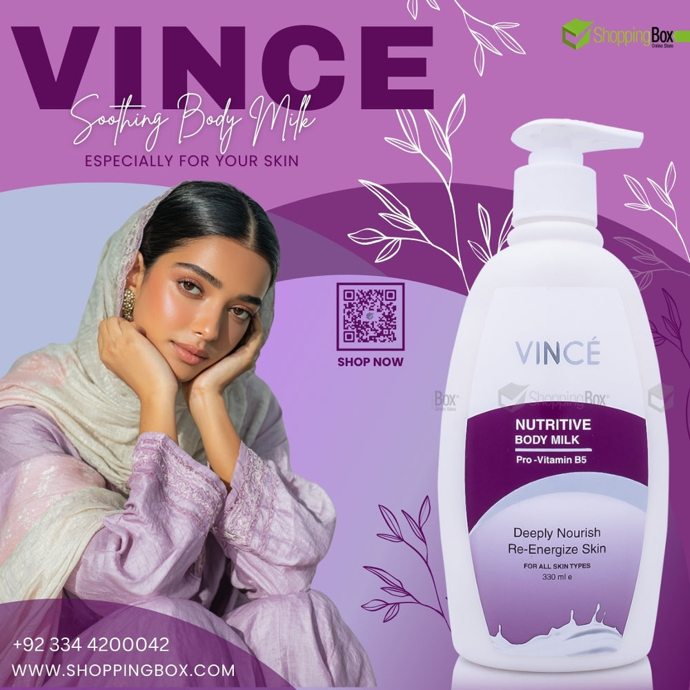Advertisement for Vince Nutritive Body Milk with a woman and product on a purple background