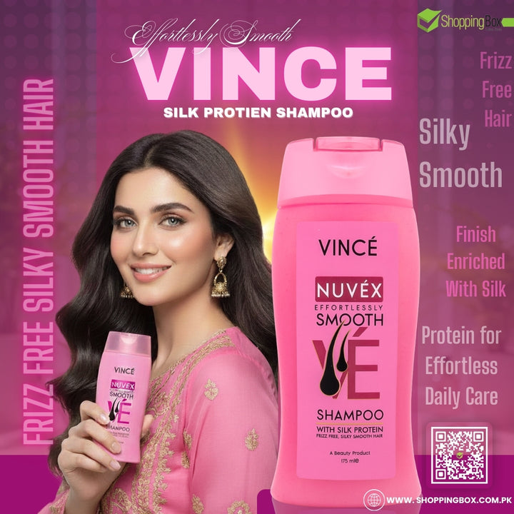 Promotional image of Vince NUVÉX Smooth Shampoo highlighting silky smooth hair results.