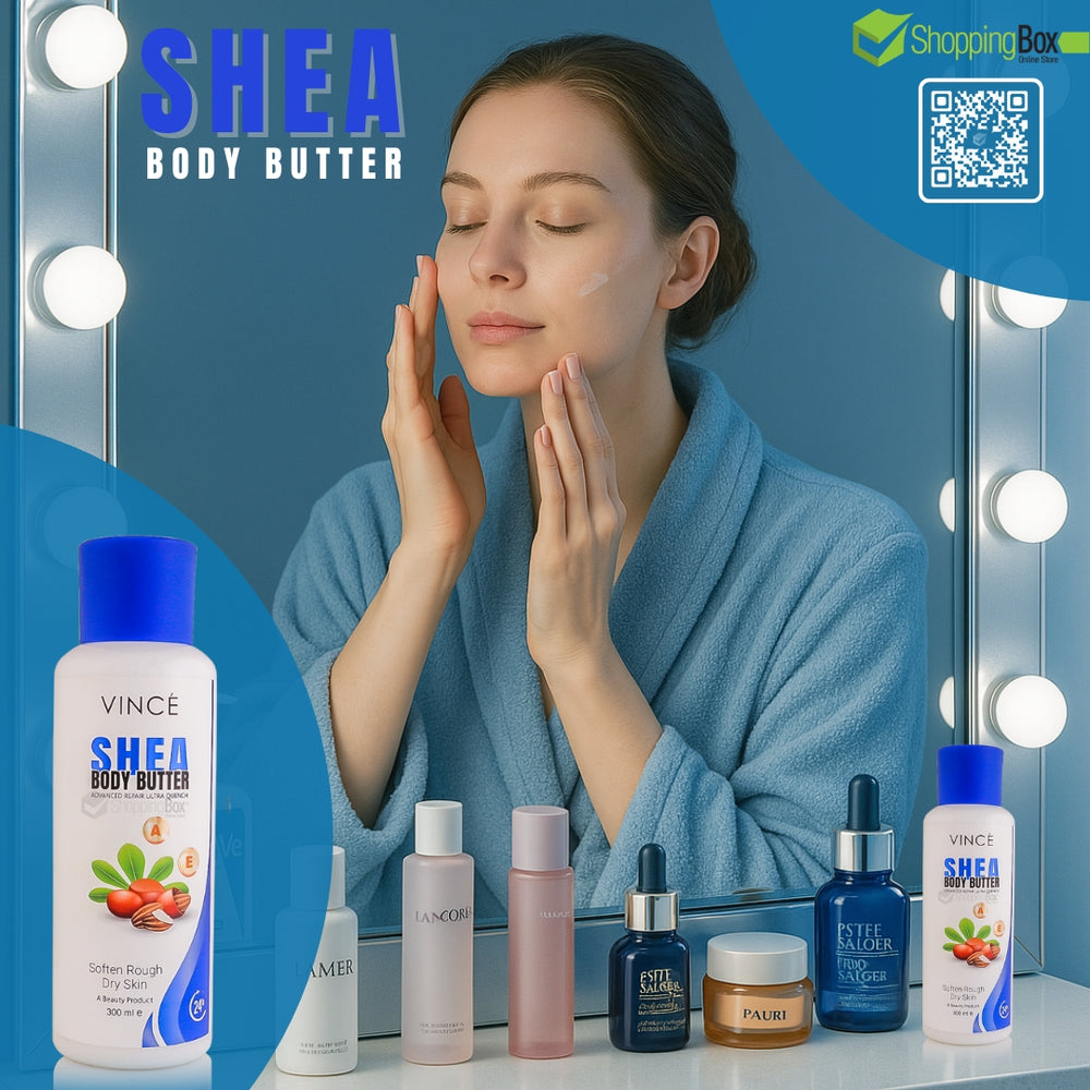 Vince Shea Body Butter bottle displayed on front of mirror and model applying to her body for advertising Shopping Box.