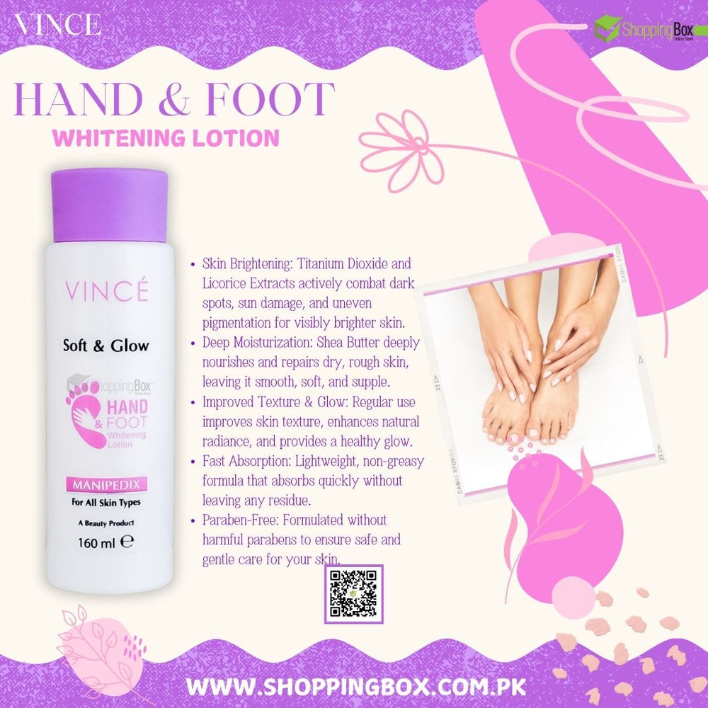 Vince Soft & Glow Hand & Foot Whitening Lotion 160ml front bottle view for advertising social media post 