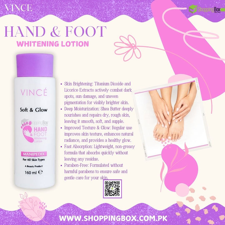 Vince Soft & Glow Hand & Foot Whitening Lotion 160ml front bottle view for advertising social media post 