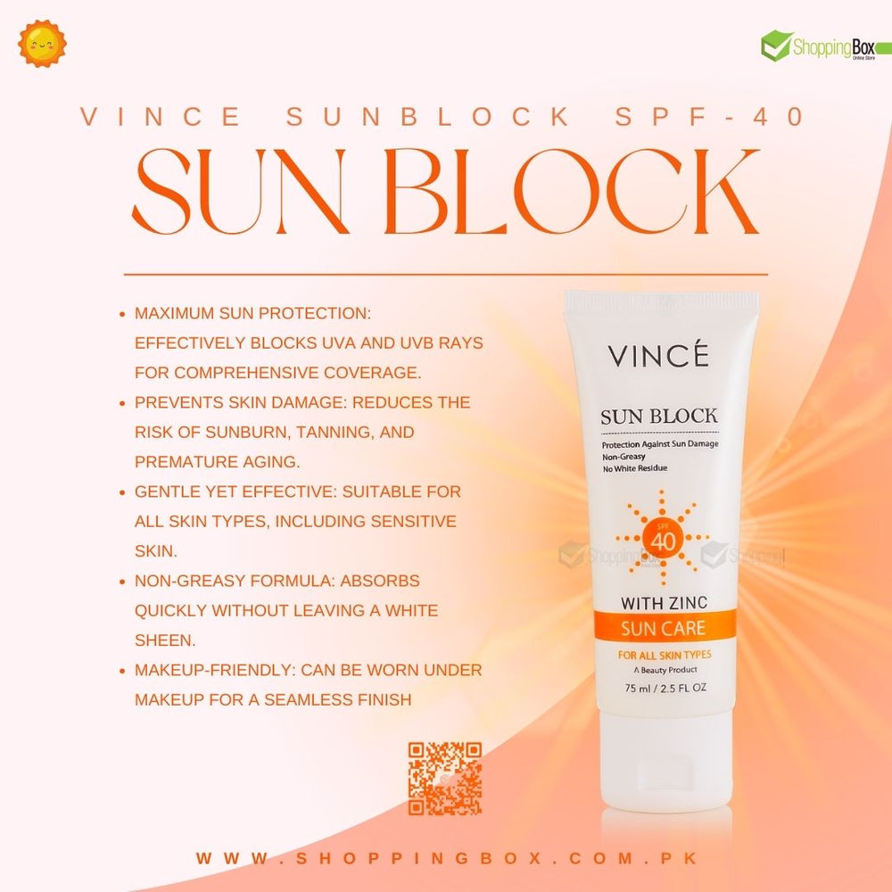 Vince Sun Block SPF 40 75ml lifestyle image with bright orange background Advertising for Shopping Box.