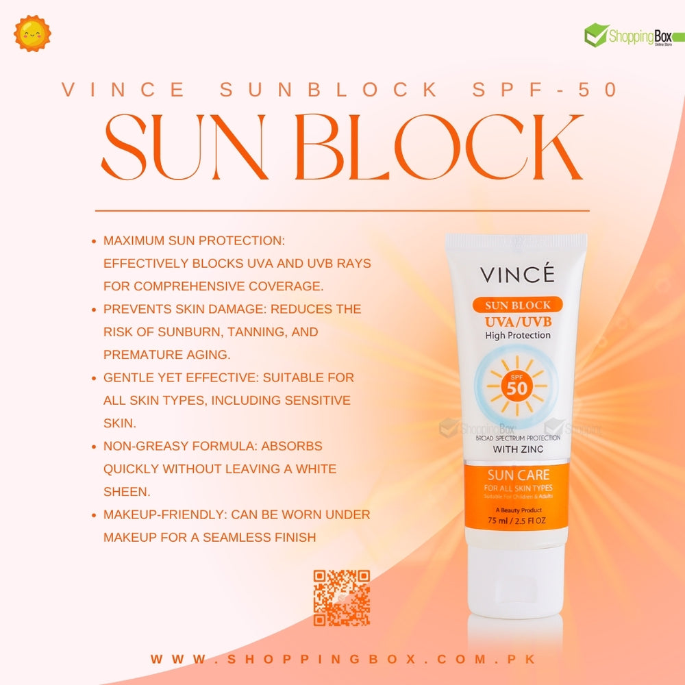 Vince Sunblock SPF-50 with product details on an orange and white background