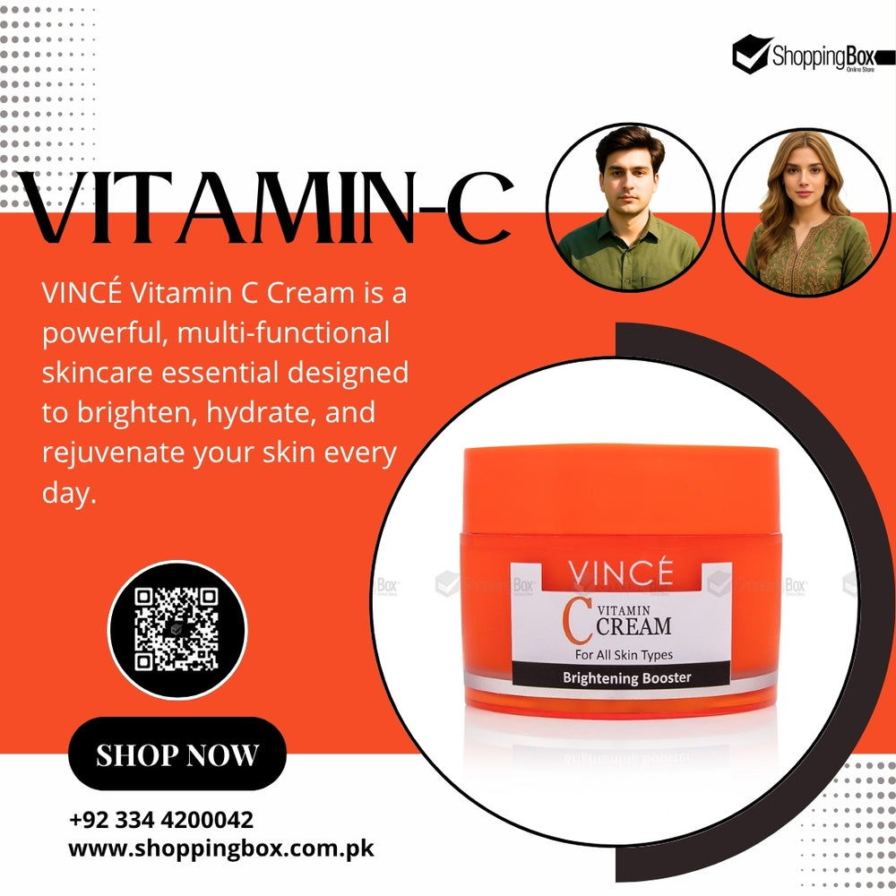 Advertisement for Vince Vitamin C Cream with a jar of cream on an orange background.