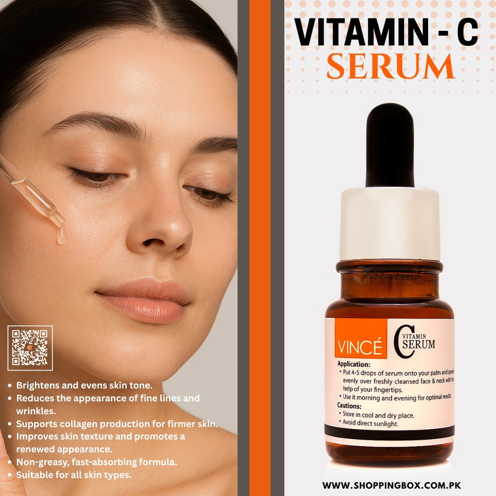 Vitamin-C serum bottle with a woman's face and product details on an orange and white background for meta post
