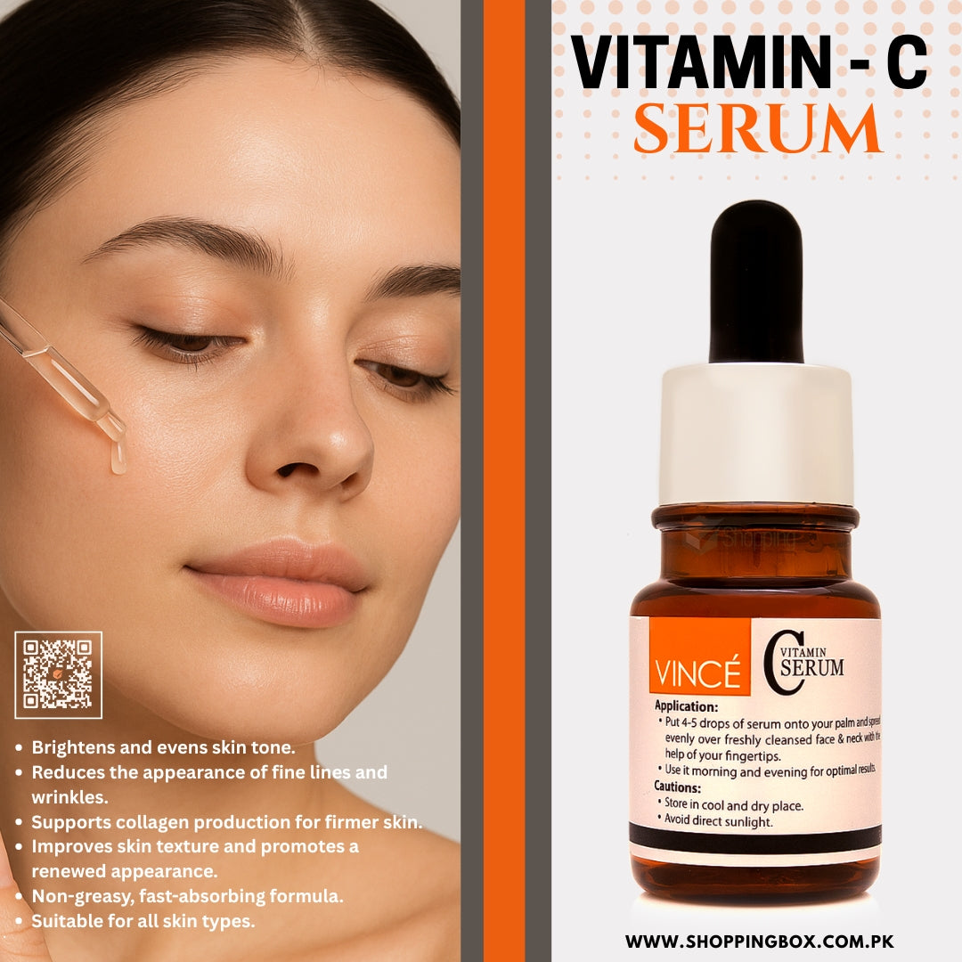 Vitamin-C serum bottle with a woman's face and product details on an orange and white background for meta post