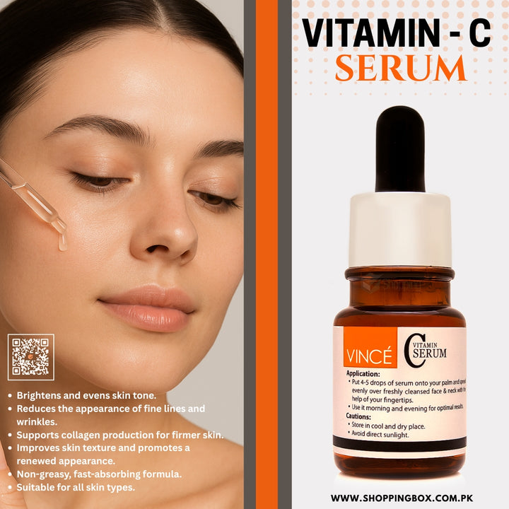 Vitamin-C serum bottle with a woman's face and product details on an orange and white background for meta post