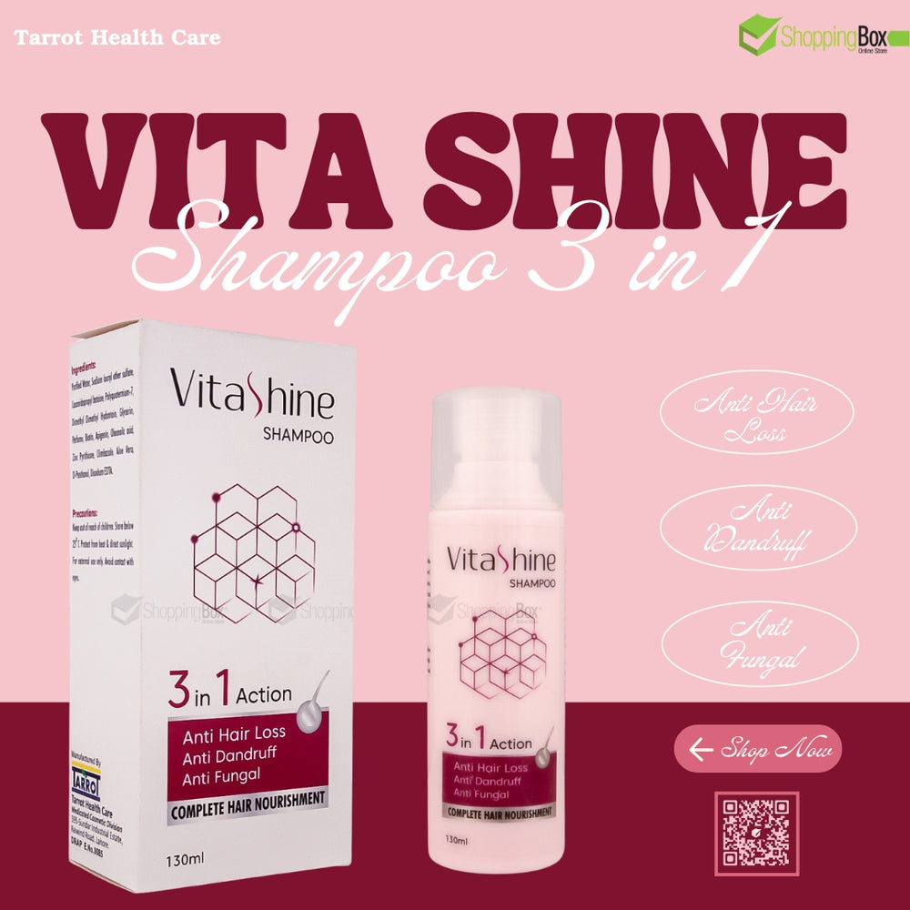 Front packaging of Vitashine Shampoo 3 in 1 showing triple-action label and logo design.