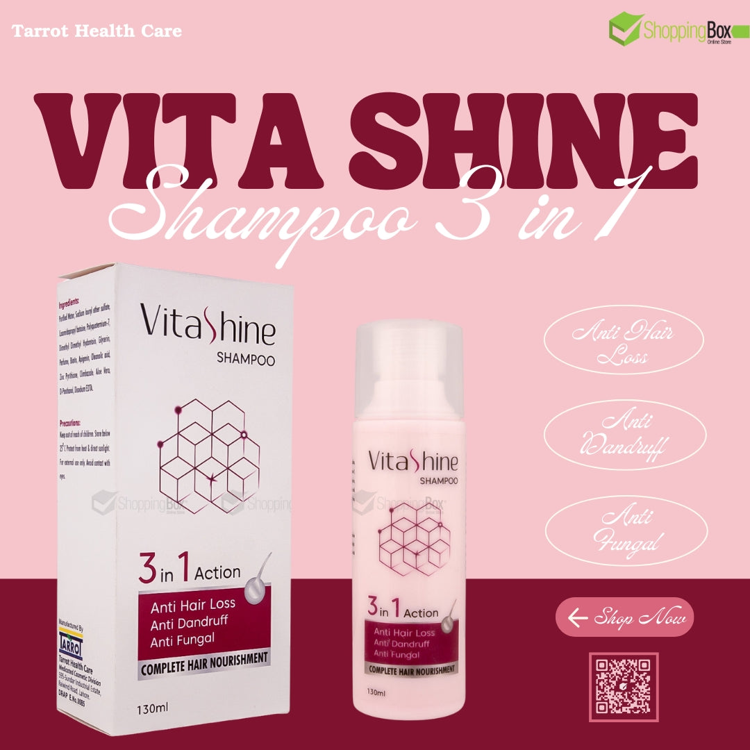 Front packaging of Vitashine Shampoo 3 in 1 showing triple-action label and logo design.